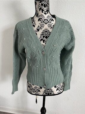 Pink Rose Sage Green V-Neck Embellished Sweater